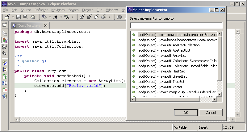 Dialog for selecting the implementor